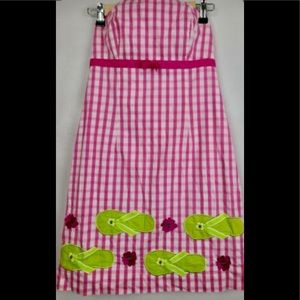 Lilly Pulitzer Womens Mini Dress Size 6 Pink Plaid Strapless Flip Flop Applique